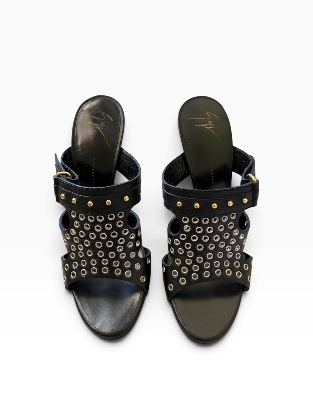 Giuseppe Zanotti Grommet Eyelet Studded Mule Heels Leather Black EU 38.5